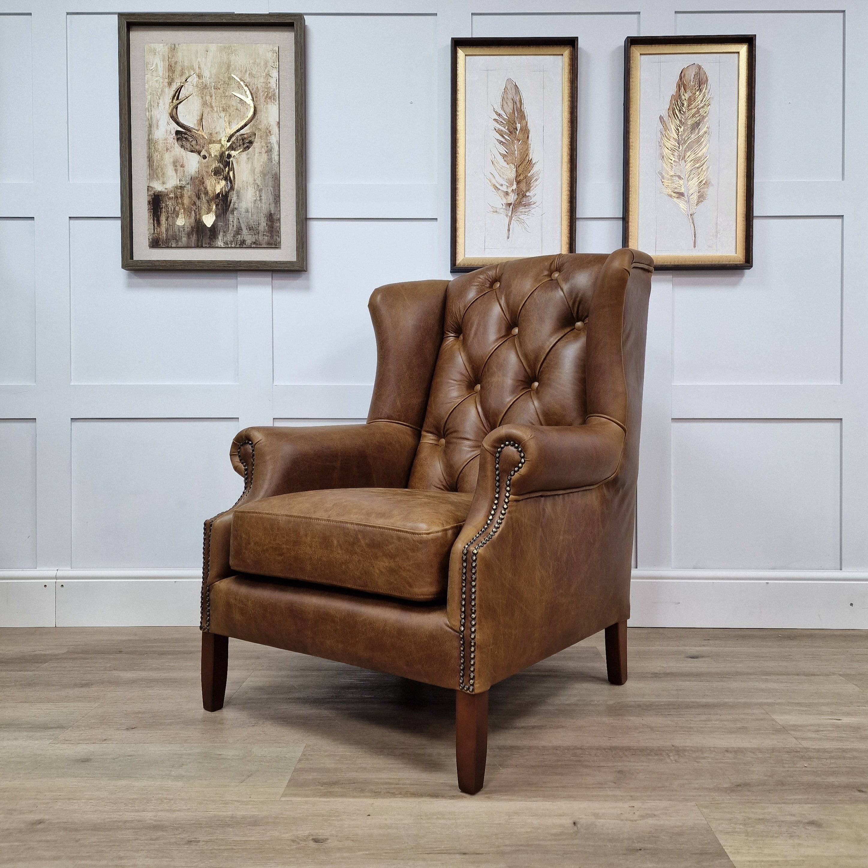 Brown leather shop wingback chair