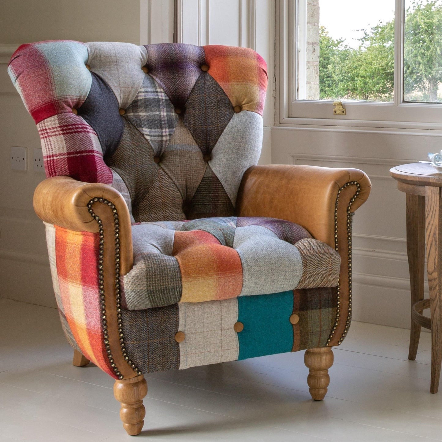 Gotham Patchwork Armchair With Leather and Harris Tweed - Harlequin II - Rydan Interiors
