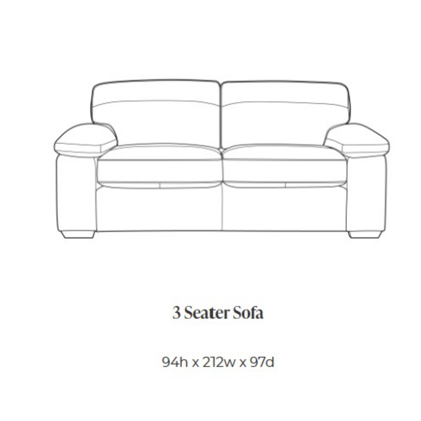 Black and white line drawing of a 3 seater sofa with text below reading '3 Seater Sofa' and dimensions '94h x 212w x 97d'.