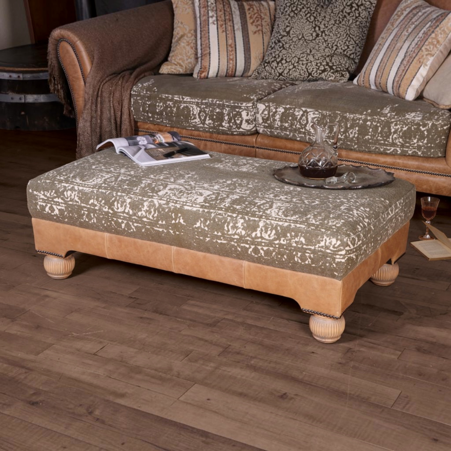 Tetrad Montana Rectangular Footstool in Bagru Khaki fabric and Atacama Nutmeg leather