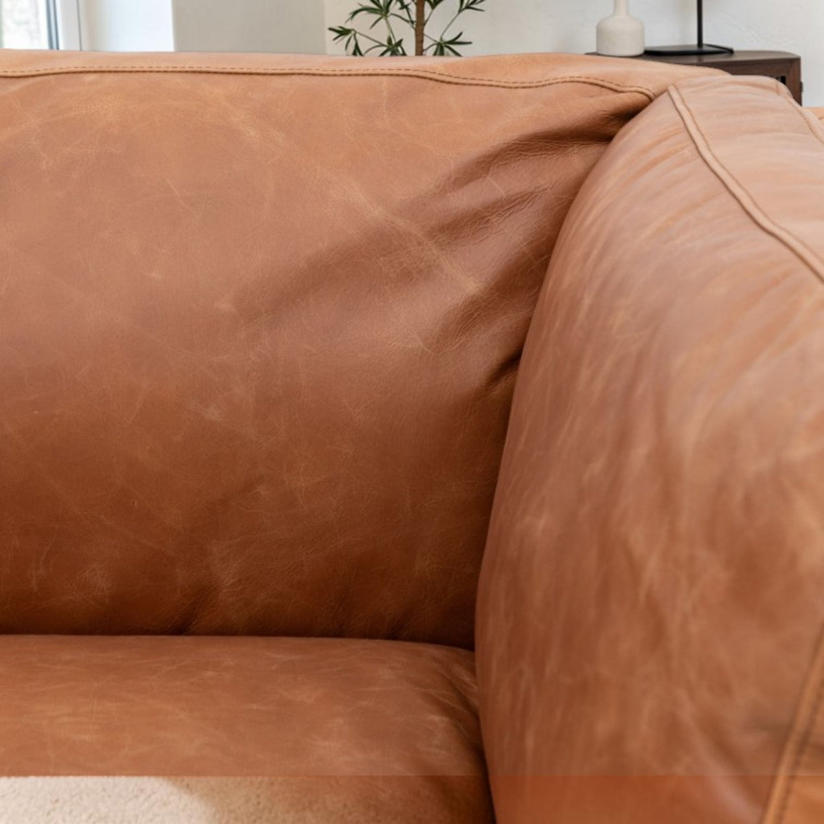 Close-up of Hampton sofa back cushion showing the texture and character of the mellow brown leather