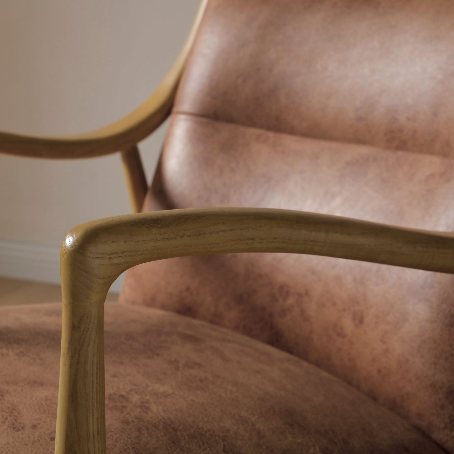 Tarquin Tan Vintage Leather Accent Chair with curved wooden arms