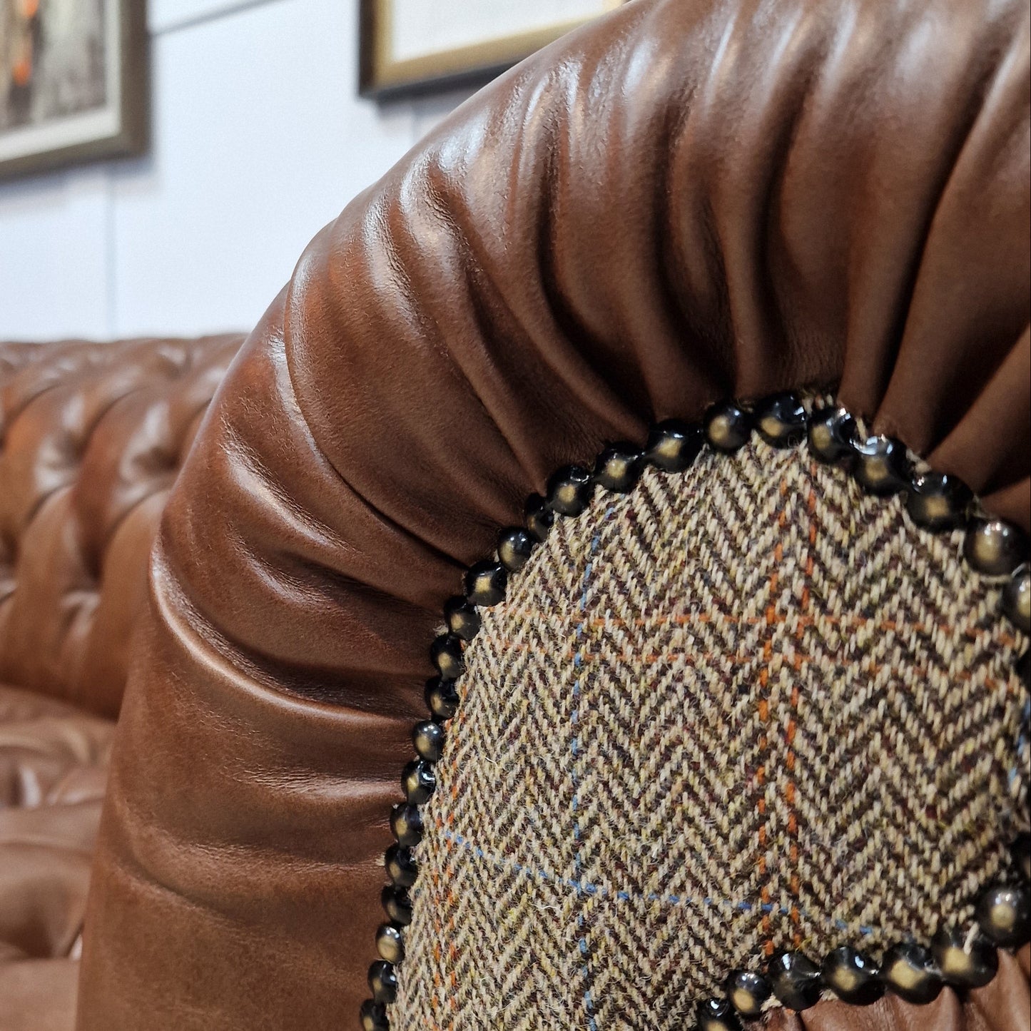 Buck 3 Seater Harris Tweed And Leather Sofa - Brown And Beige Herringbone - Rydan Interiors