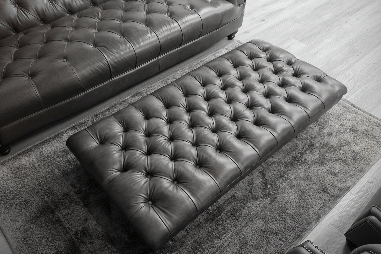 Deep Buttoned Leather Footstool | Ernie - Rydan Interiors