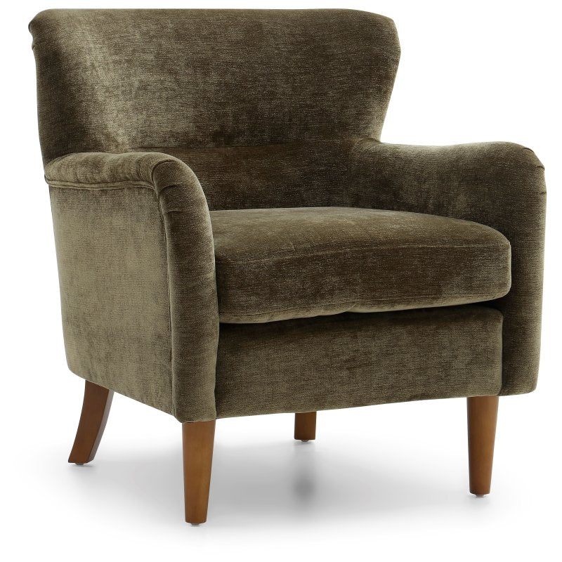 Rosie Olive Chenille Accent Chair with curved arms and warm wood legs