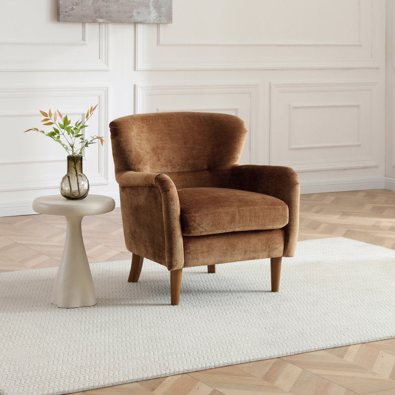 Rosie Toffee Chenille Accent Chair with curved arms and warm wood legs