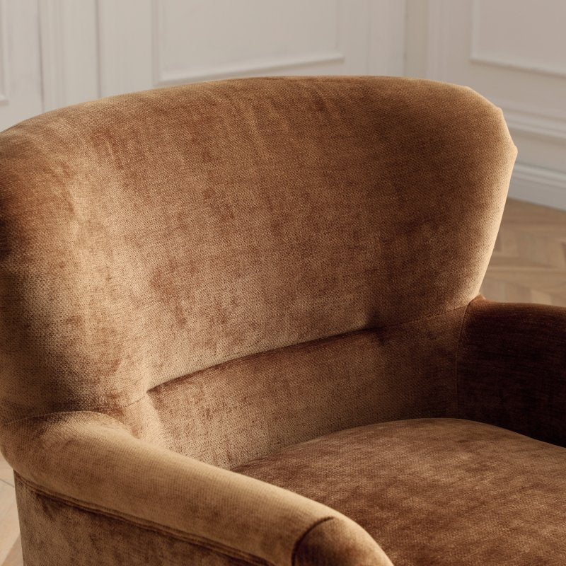 Rosie Toffee Chenille Accent Chair curved arm and upholstery detail
