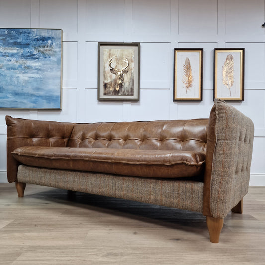 3 Seater Harris Tweed and Leather Sofa - Brunswick - Rydan Interiors
