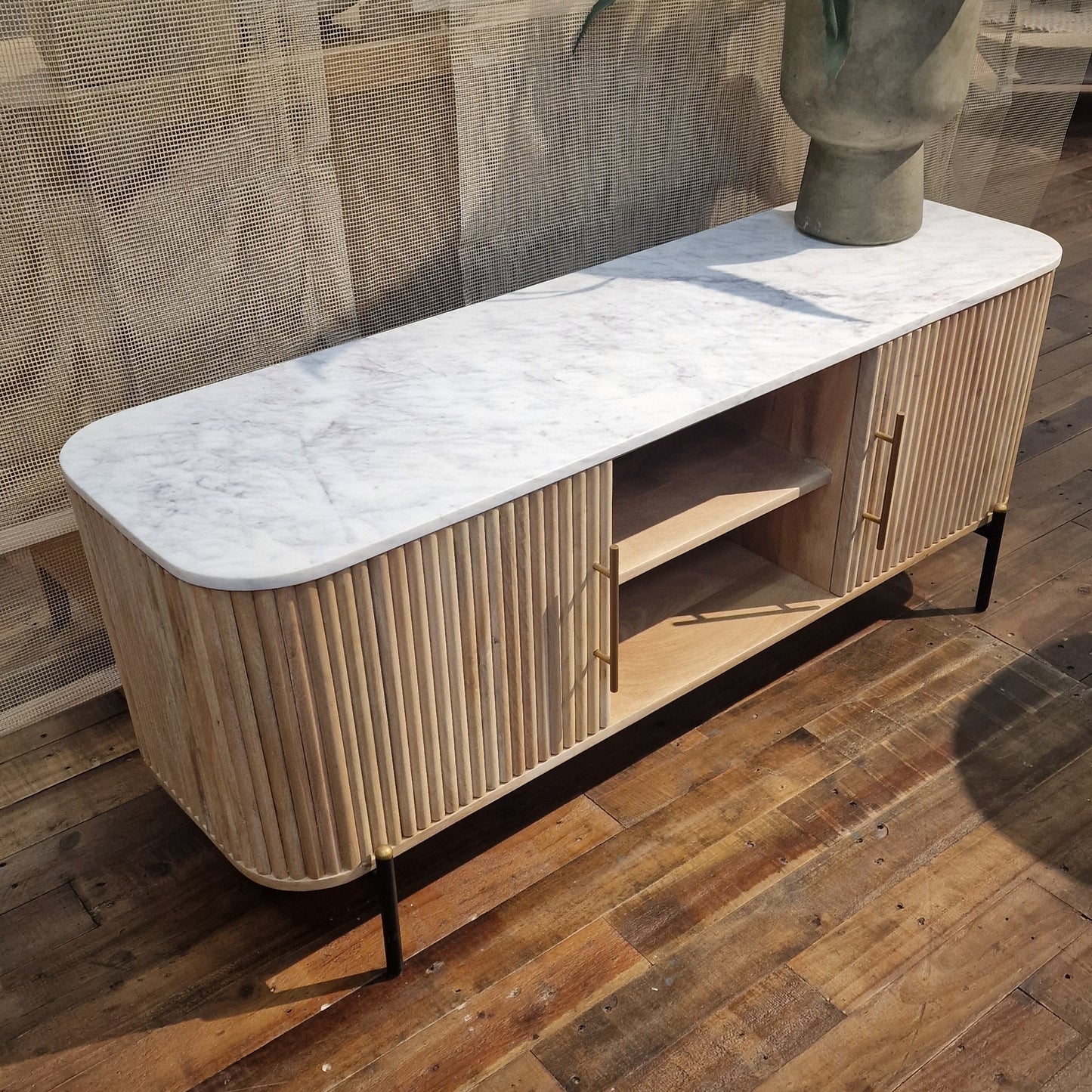 Mango Wood Reed Tv Unit - Marble Top