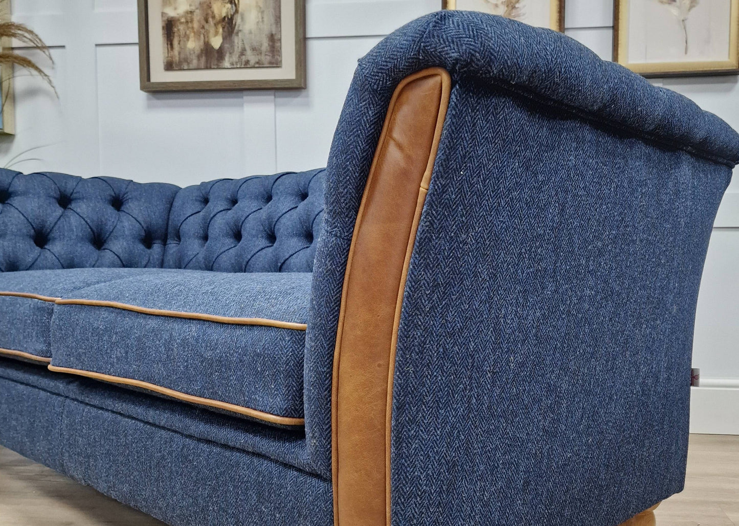 2 Seater Chesterfield Sofa - Blue Herringbone Harris Tweed - Rydan Interiors