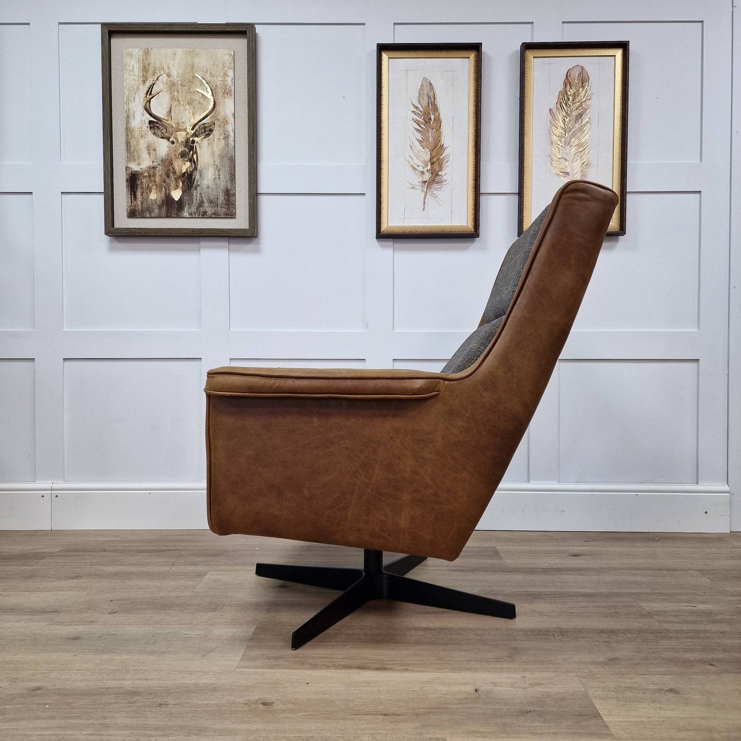 Swivel Chair - Harris Tweed and Leather - Moreland Tartan - Belston - Rydan Interiors