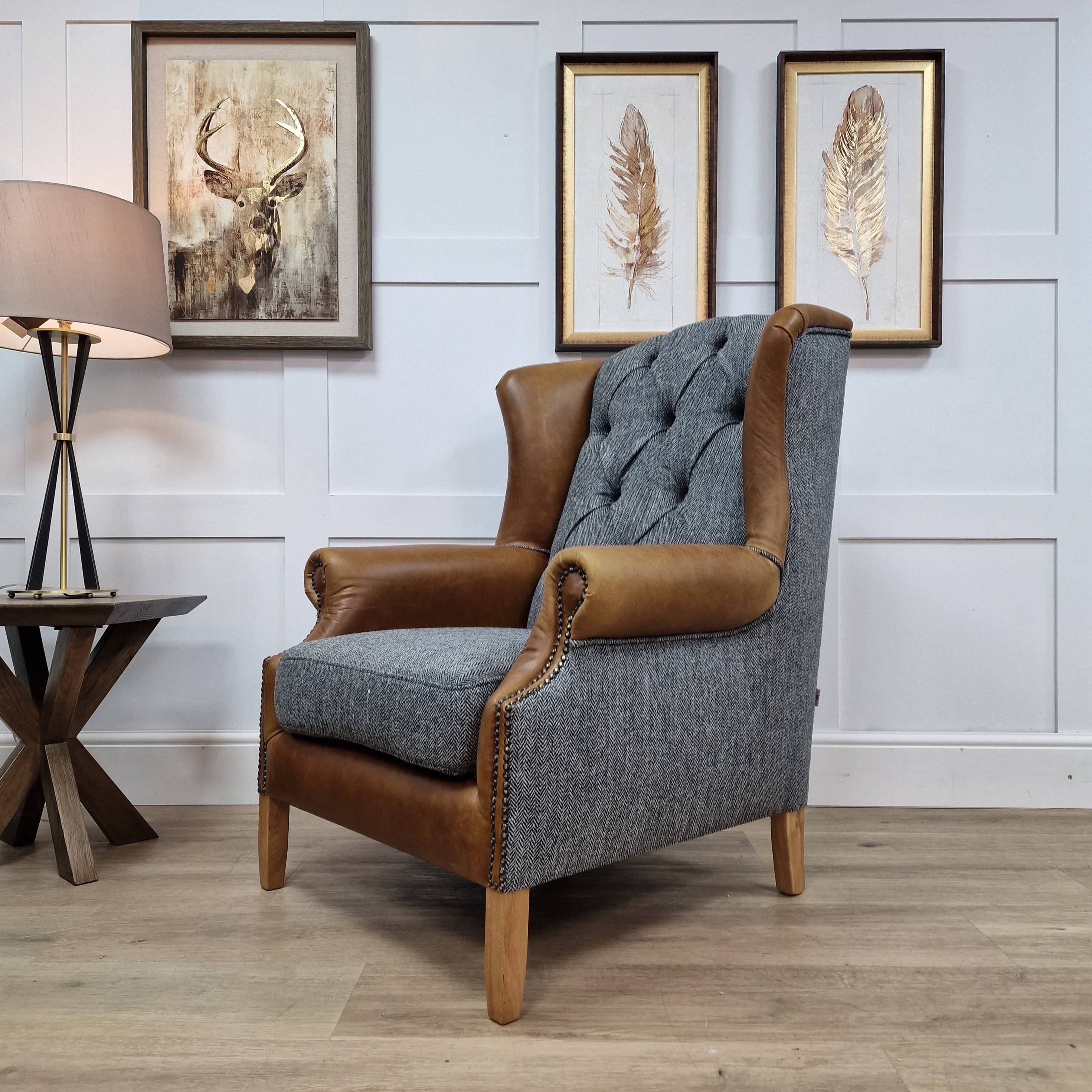 Wingback Chair Harris Tweed and Leather Grey Herringbone