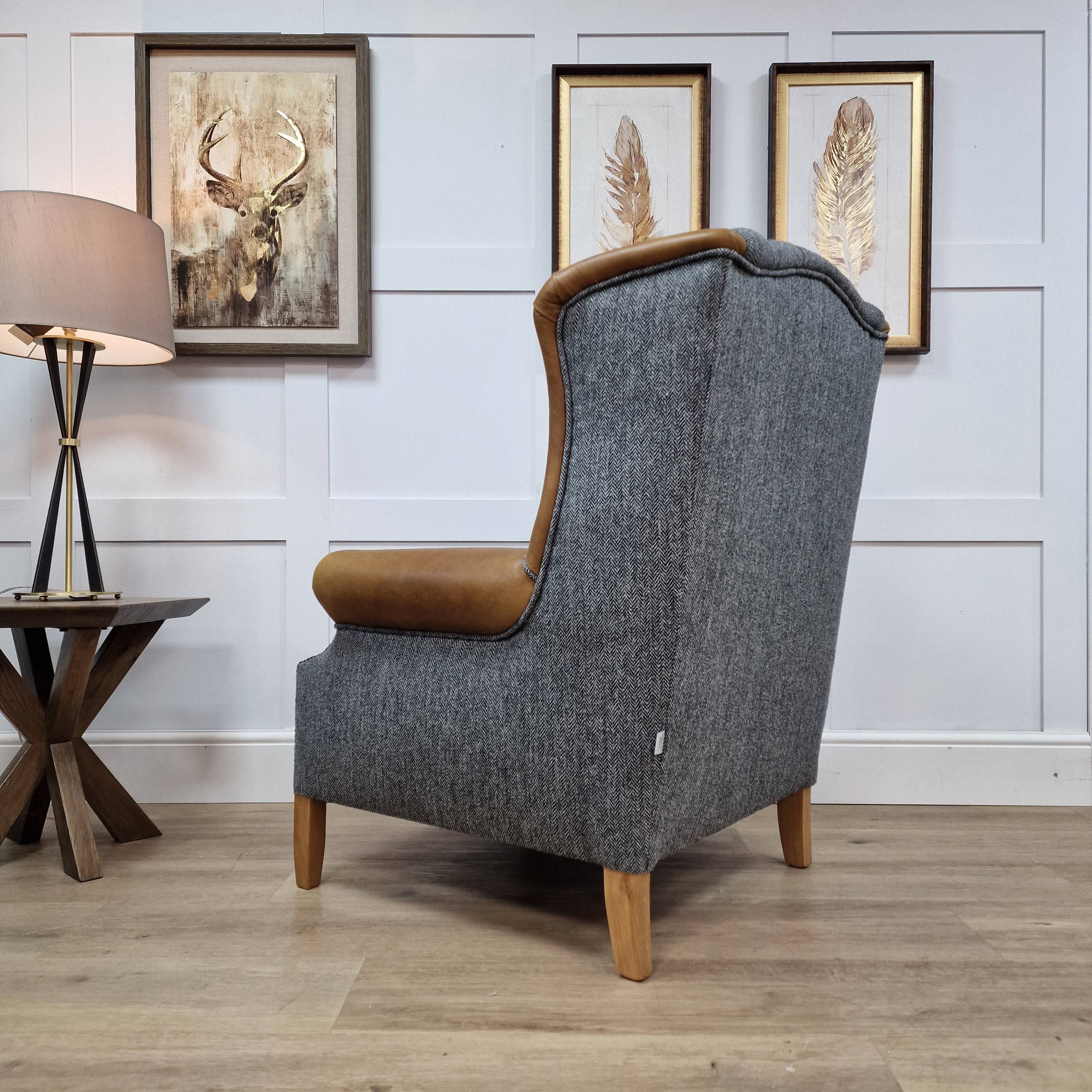 Wingback Chair Harris Tweed and Leather Grey Herringbone