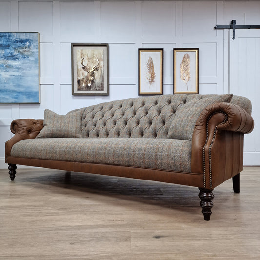 High Back Harris Tweed And Leather Sofa | Charles - Rydan Interiors