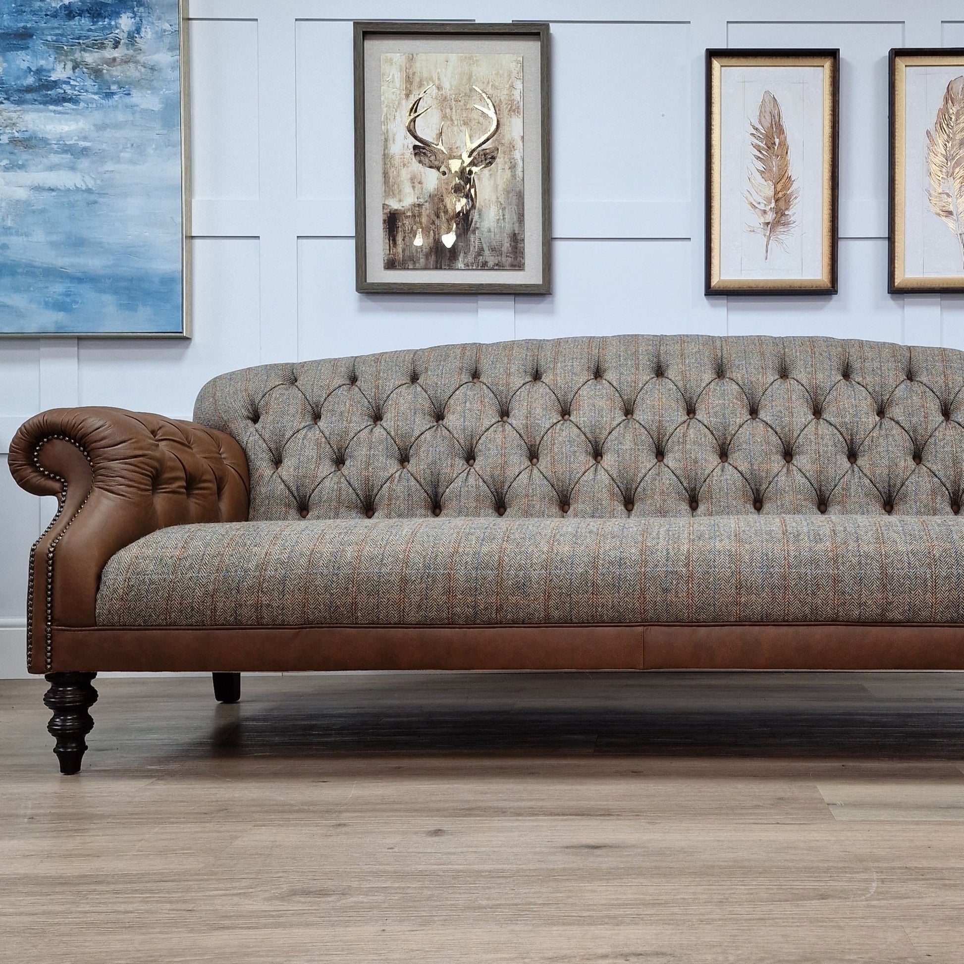 High Back Harris Tweed And Leather Sofa | Charles - Rydan Interiors