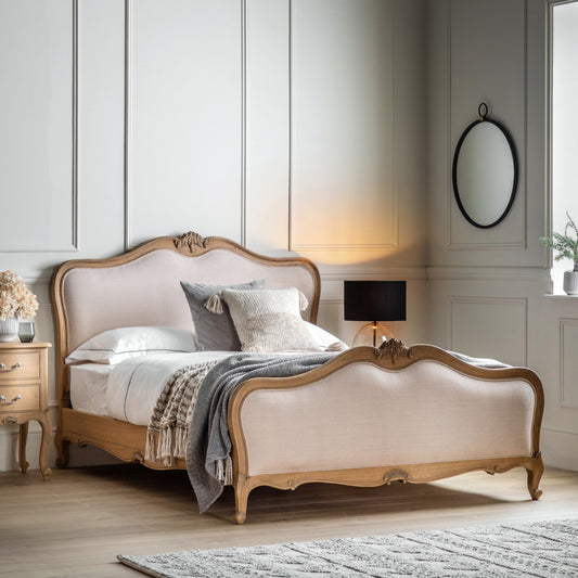 French Chic Super King Linen Upholstered Bed Weathered
