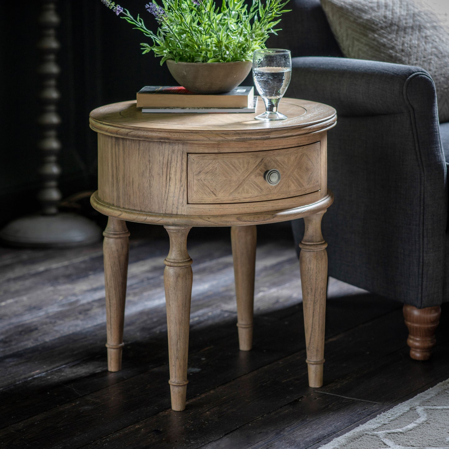 Colonial Parquet Inlay Round 1 Drawer Side Table 