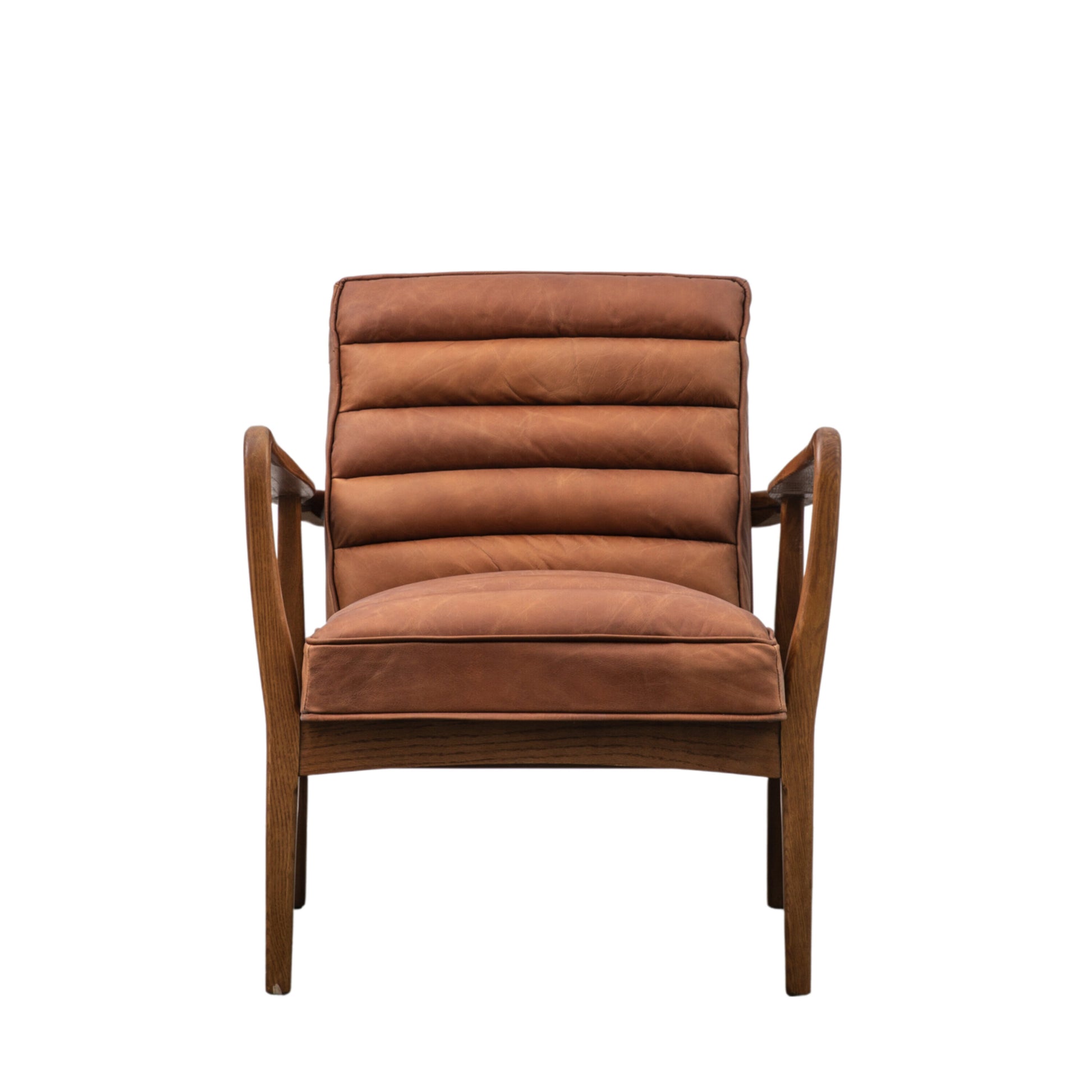 Ribbed Oak Frame Armchair | Vintage Brown Leather