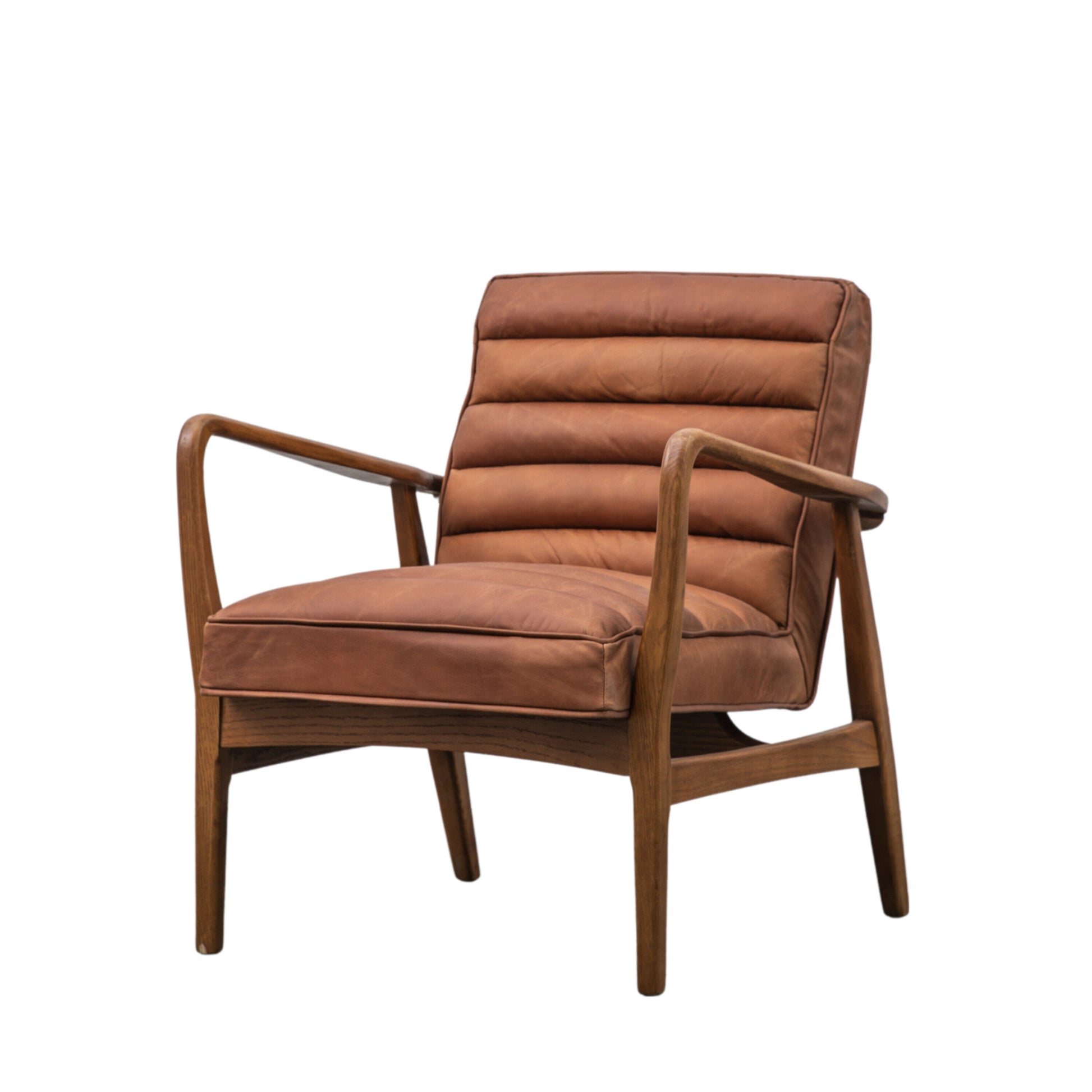 Ribbed Oak Frame Armchair | Vintage Brown Leather