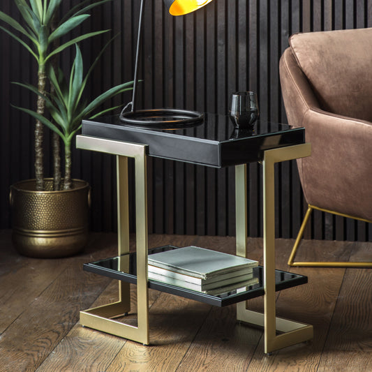 Black Glass And Gold Frame Side Table 