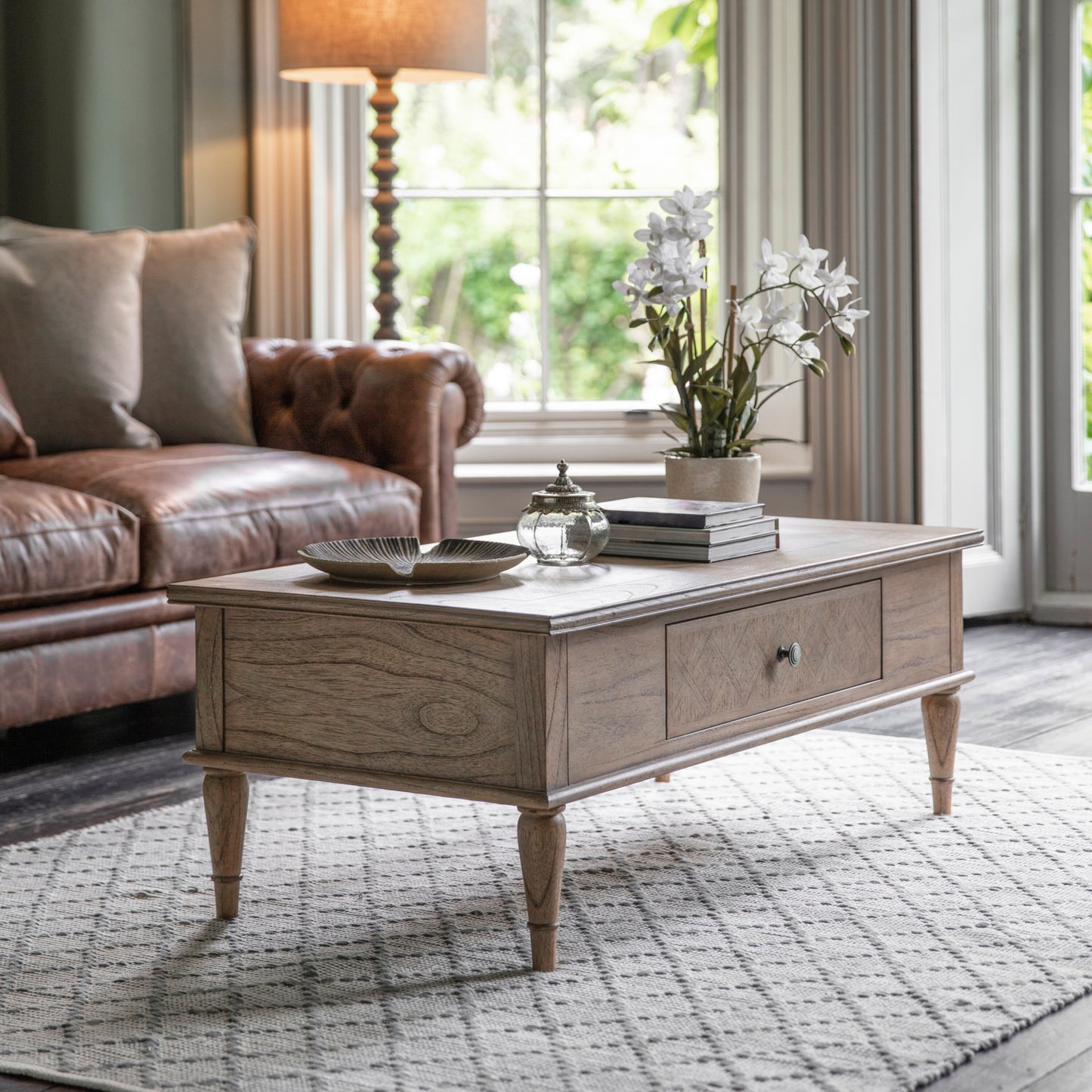 Colonial Parquet Inlay Push Drawer Coffee Table 