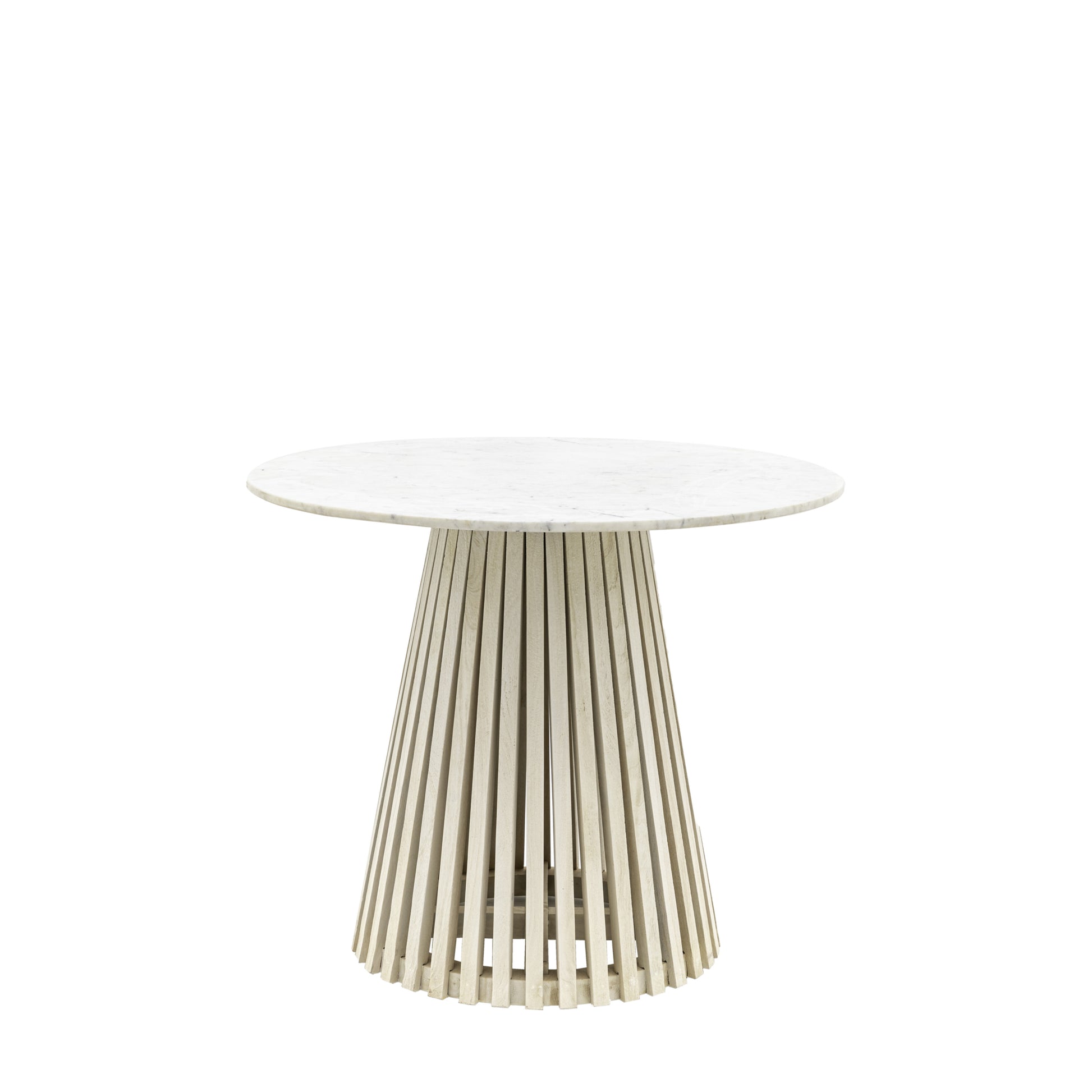 White Marble Round Top | Slatted Wood Dining Table 