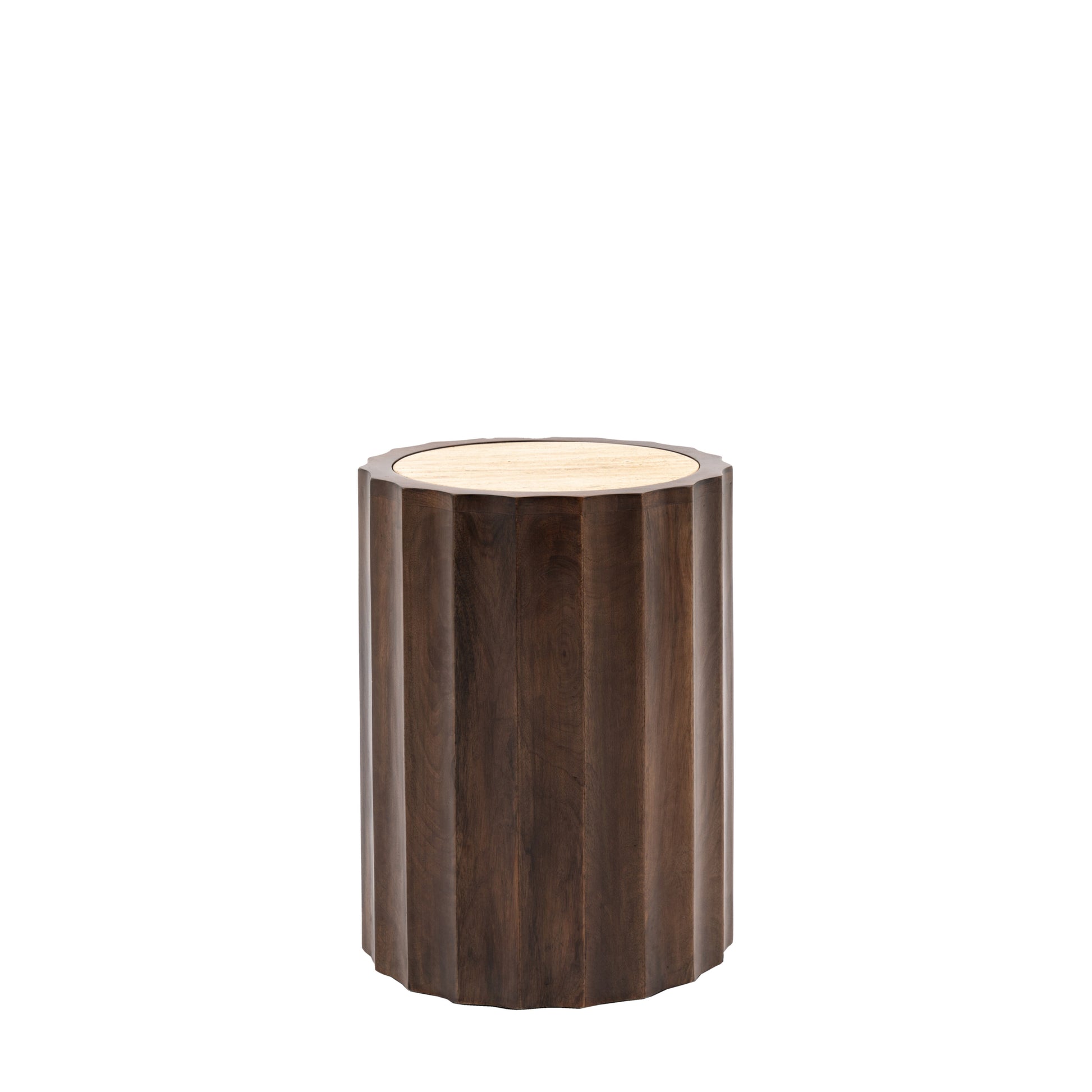 Travertine Stone and Dark Wood Side Table