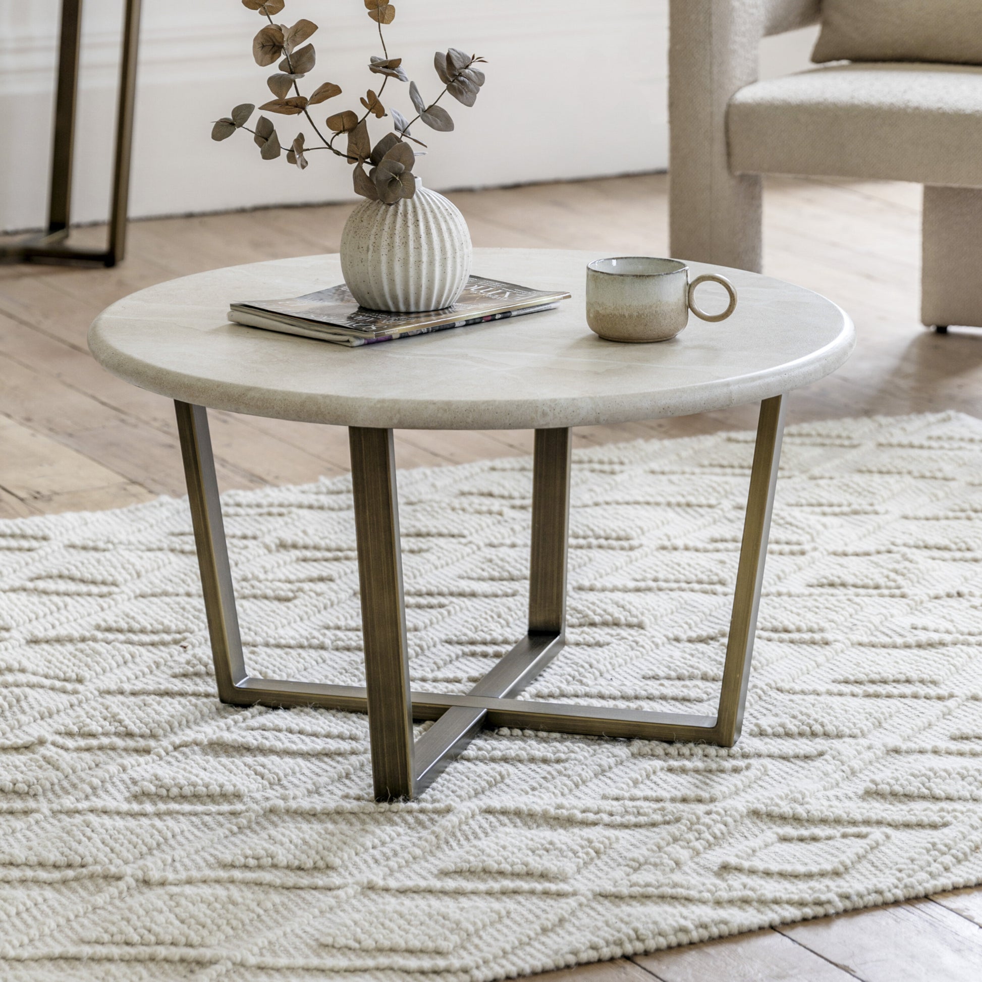 White Faux Marble And Steel Frame Round Coffee Table 