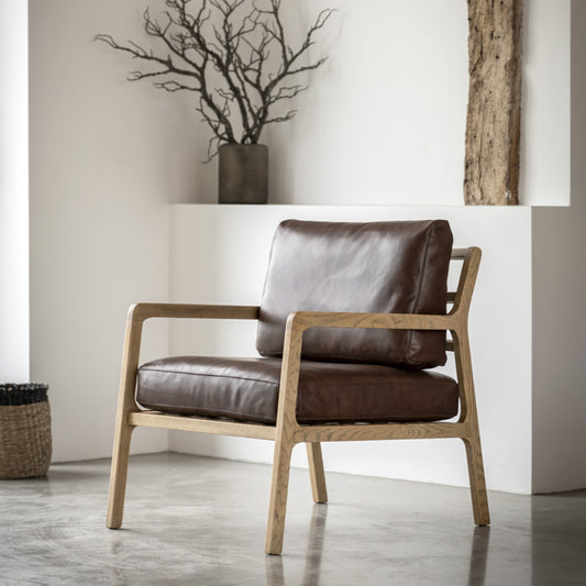 Luca Oak Frame Armchair | Antique Brown Leather