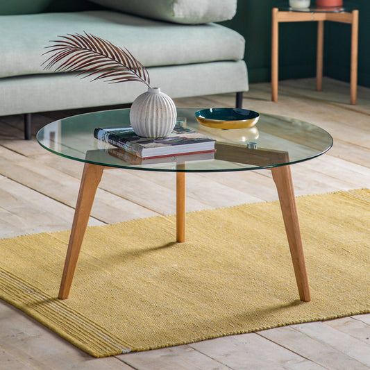 Bromley Glass Top Round Coffee Table | Oak
