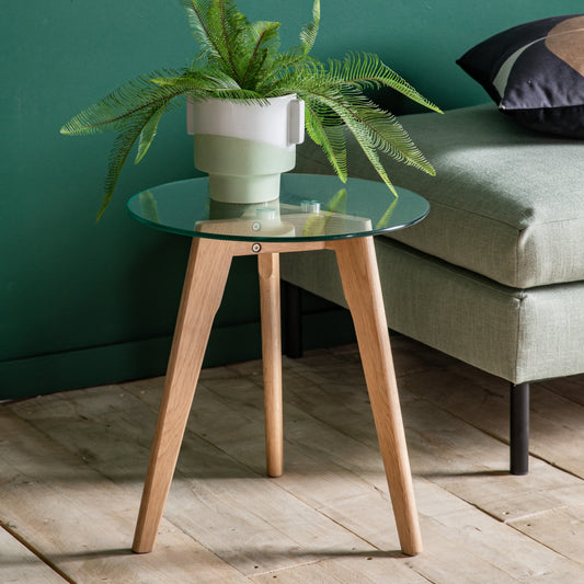 Bromley Glass Top Round Side Table | Oak