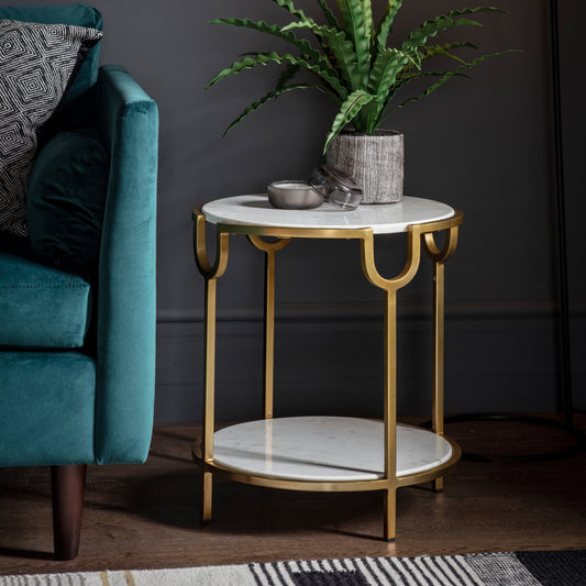 Aarav Stone And Metal Side Table | White Marble