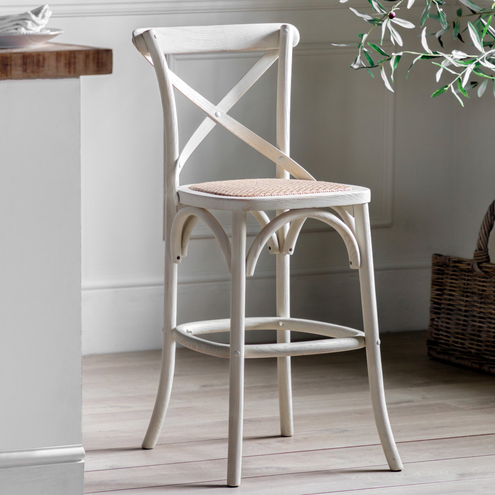 Wooden X Back Dining Stool | White/Rattan (2 Pack)