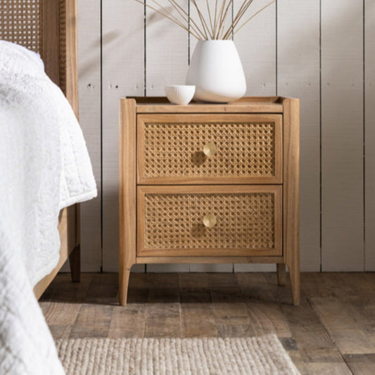 Natural Mindi Wood Rattan 2 Drawer Bedside