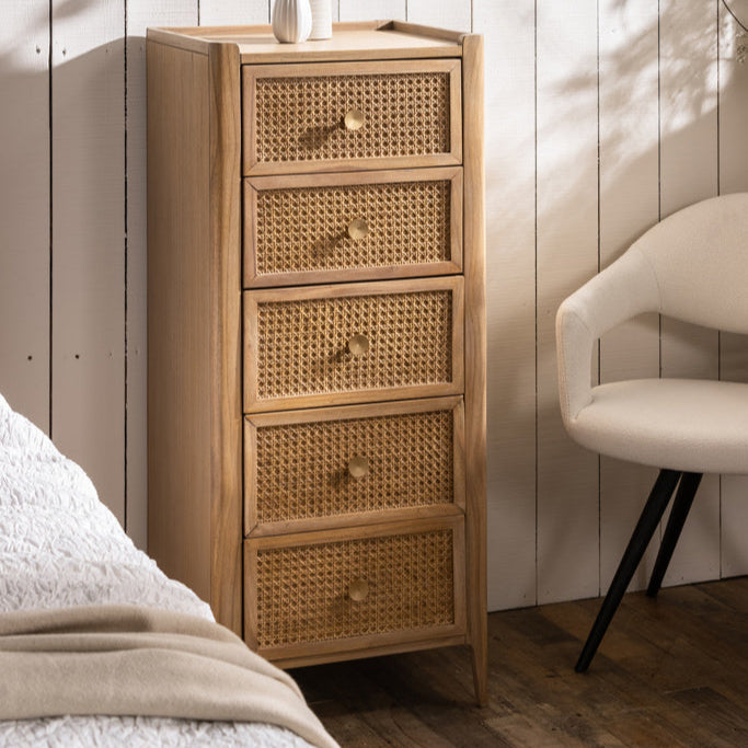 Natural Mindi Wood Rattan 5 Drawer Tall Chest