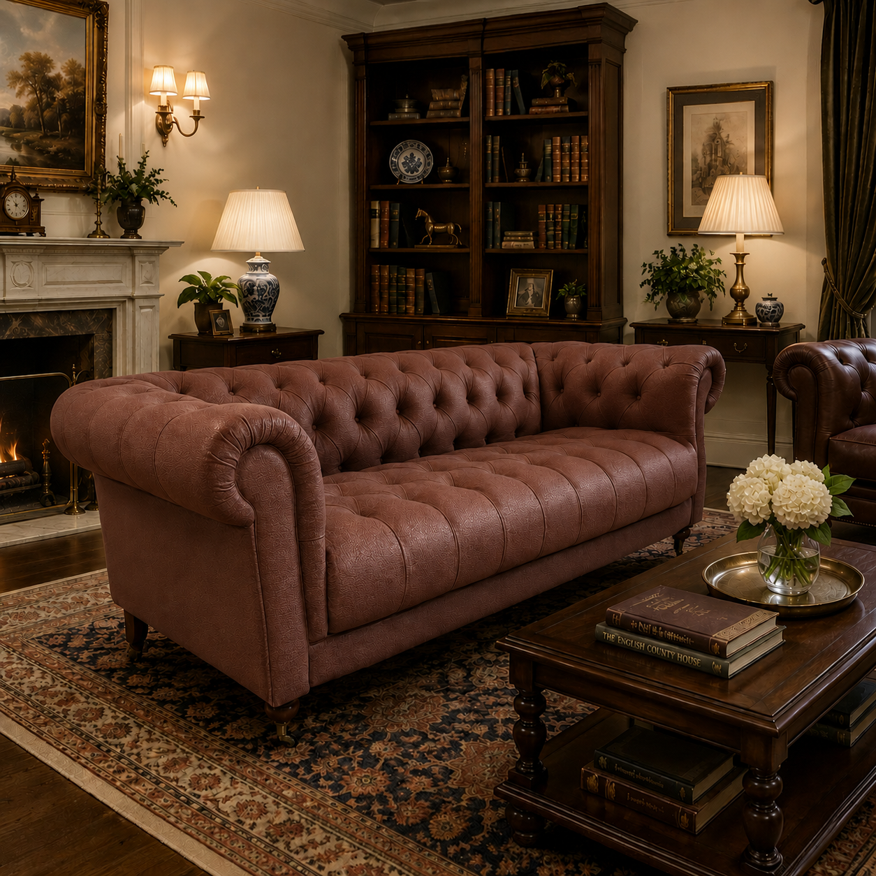 A classic tufted Chesterfield sofa upholstered in saddle tan leather, positioned in a richly decorated traditional living room with a dark wood coffee table, rug, bookshelves, and lamps.