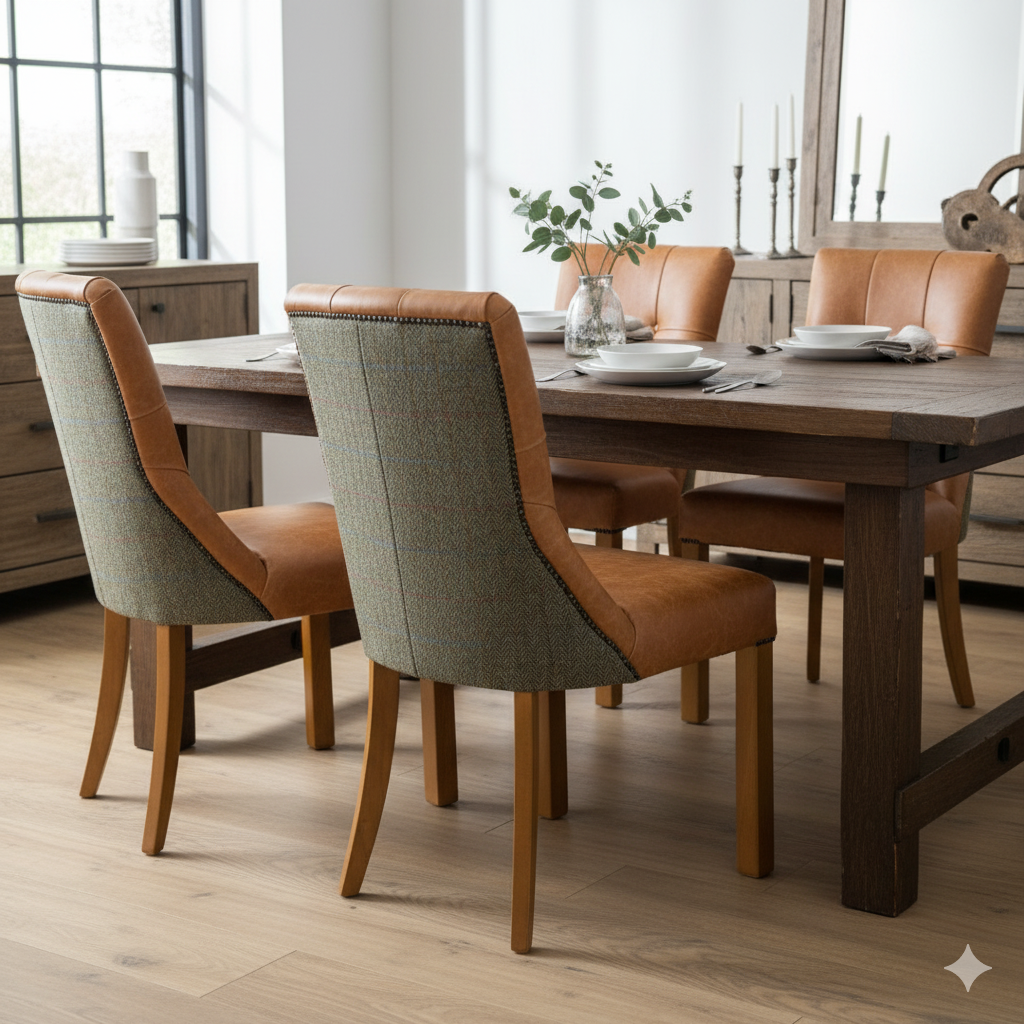Eddy Dining Chair | Green Mix Harris Tweed and Heritage Joist 1650 Leather - Rydan Interiors
