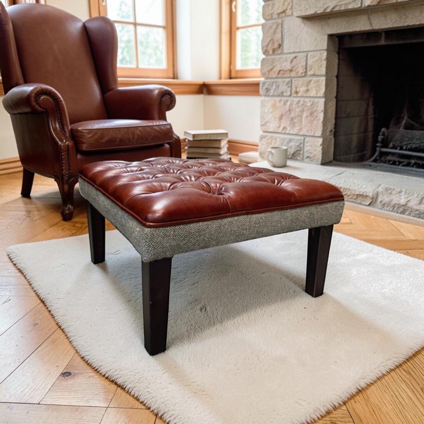 Tweed & Leather Footstool Ex Display