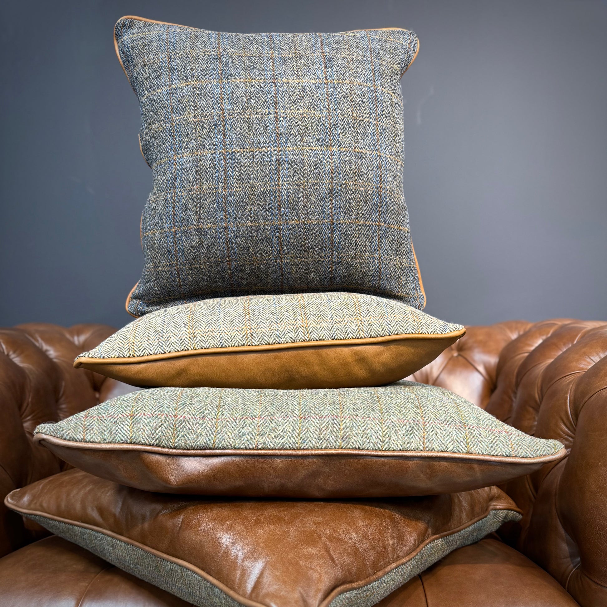 Harris Tweed & Leather Feather Filled Cushions - Multiple Sizes - Rydan Interiors