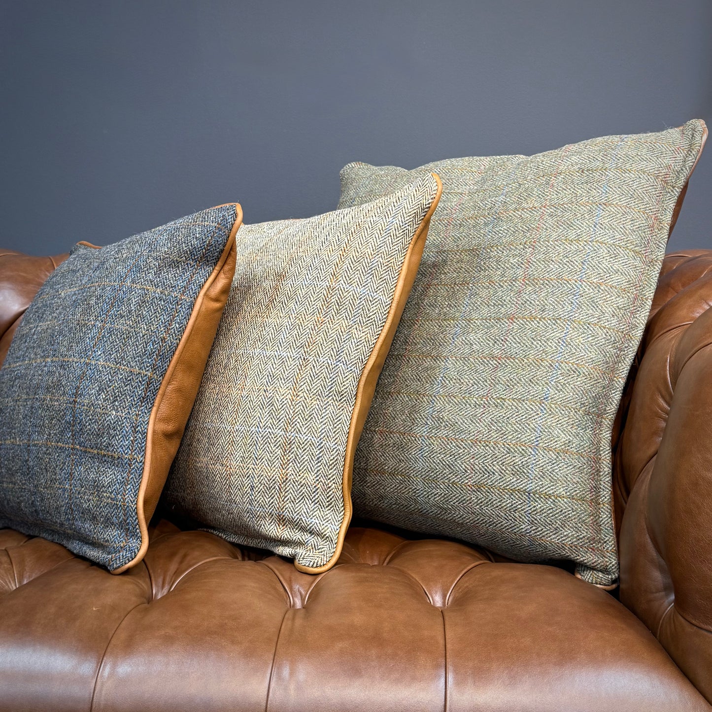Harris Tweed & Leather Feather Filled Cushions - Multiple Sizes - Rydan Interiors