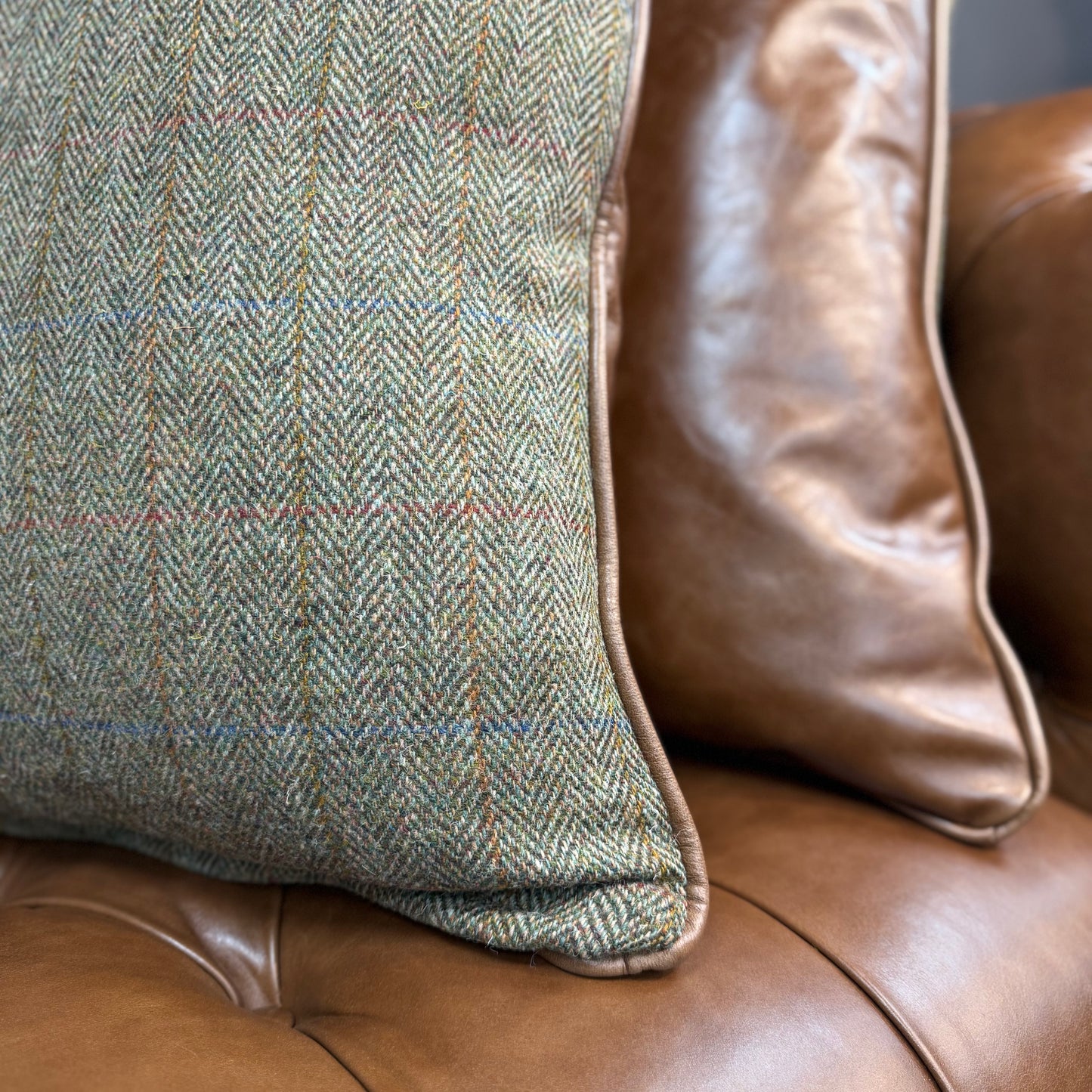 Harris Tweed & Leather Feather Filled Cushions - Multiple Sizes - Rydan Interiors