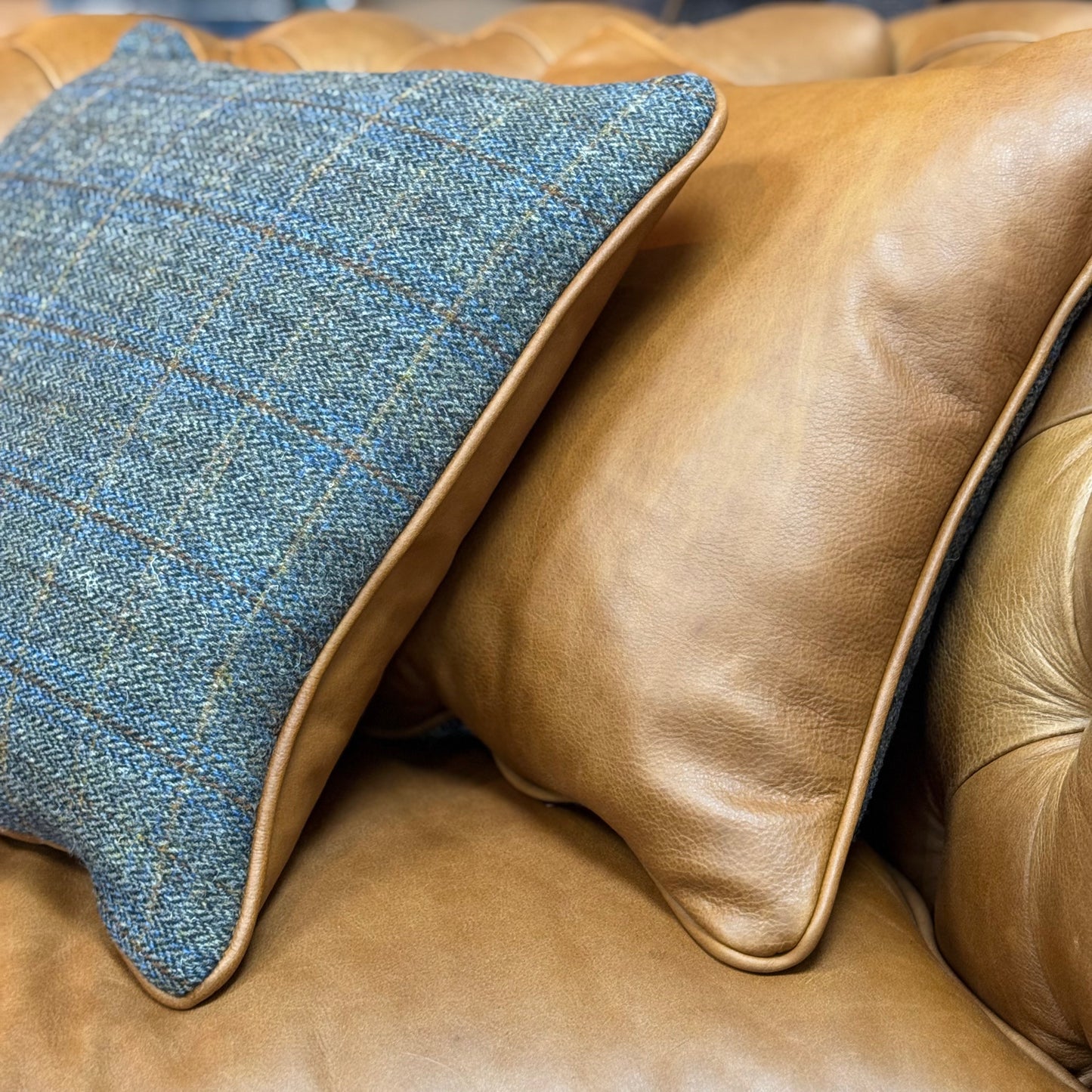 Harris Tweed & Leather Feather Filled Cushions - Multiple Sizes - Rydan Interiors