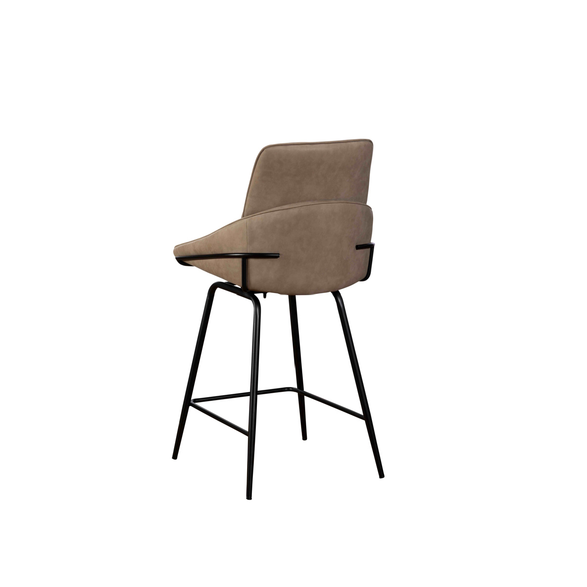 A modern bar stool with a beige upholstered seat and backrest, supported by a black metal swivel base with four legs and side armrests, shown against a plain white background.