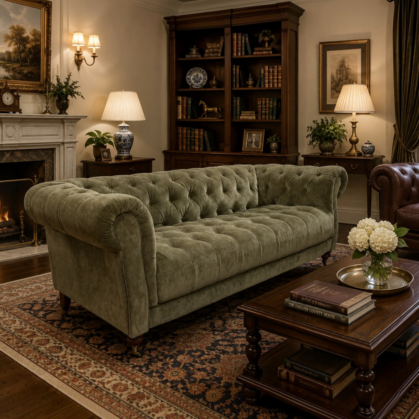 A classic tufted Chesterfield sofa upholstered in green fabric, set in a beautifully decorated traditional living room with a dark wood coffee table, patterned rug, and bookshelves.