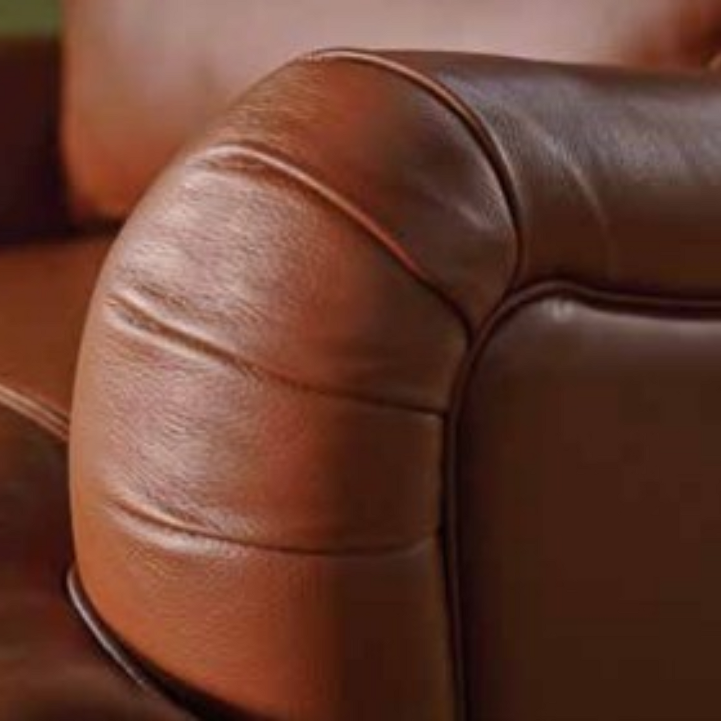 Close-up of a brown leather armrest with visible grain and stitched paneling.