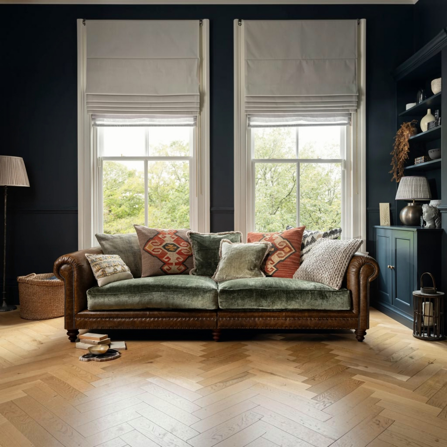 Tetrad Constable Sofa in Galveston Bark leather and Coco Velvet Olive
