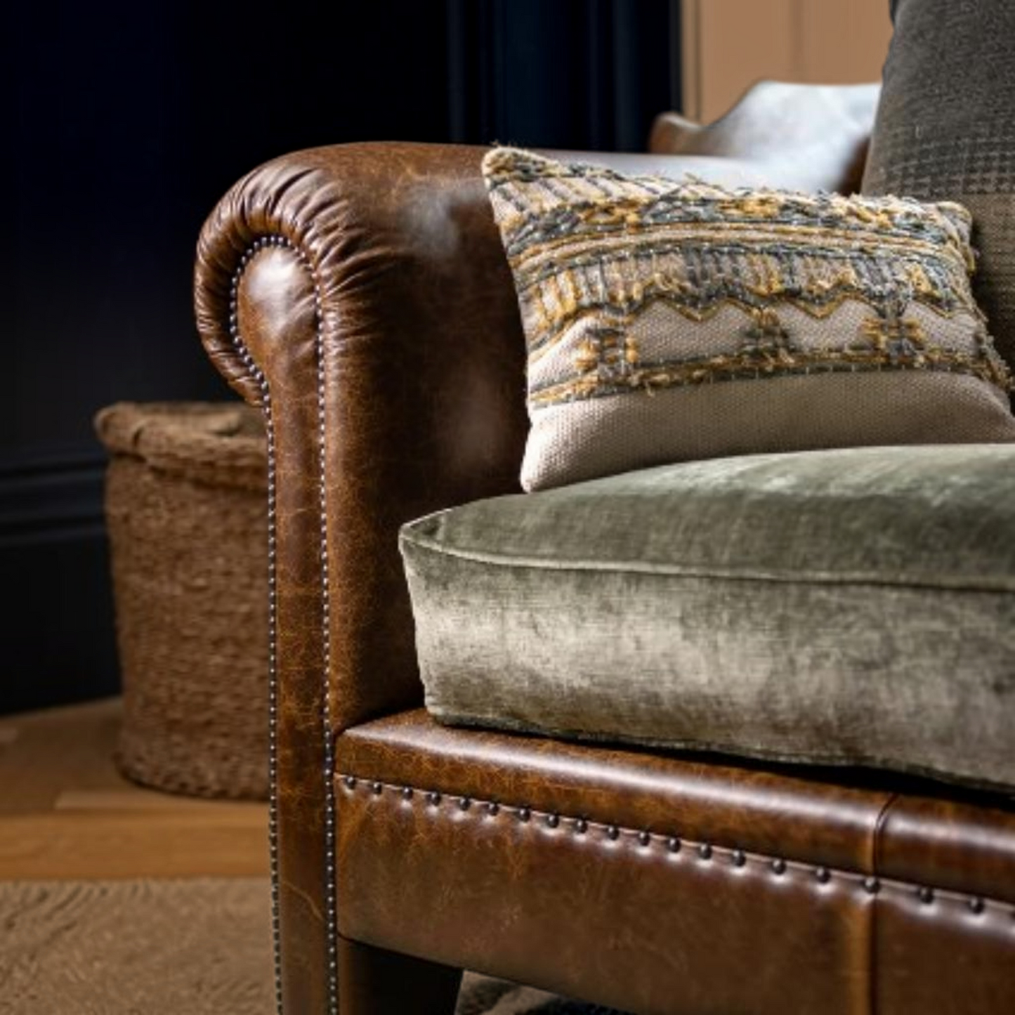 Tetrad Constable Sofa Galveston Bark leather and stud detailing close-up