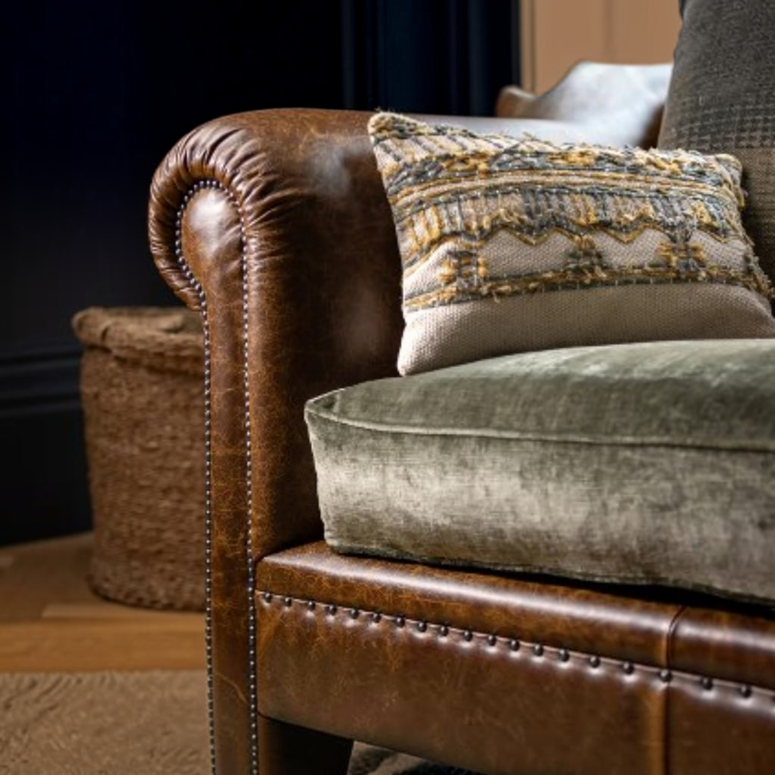 Tetrad Constable Sofa Galveston Bark leather and stud detailing close-up