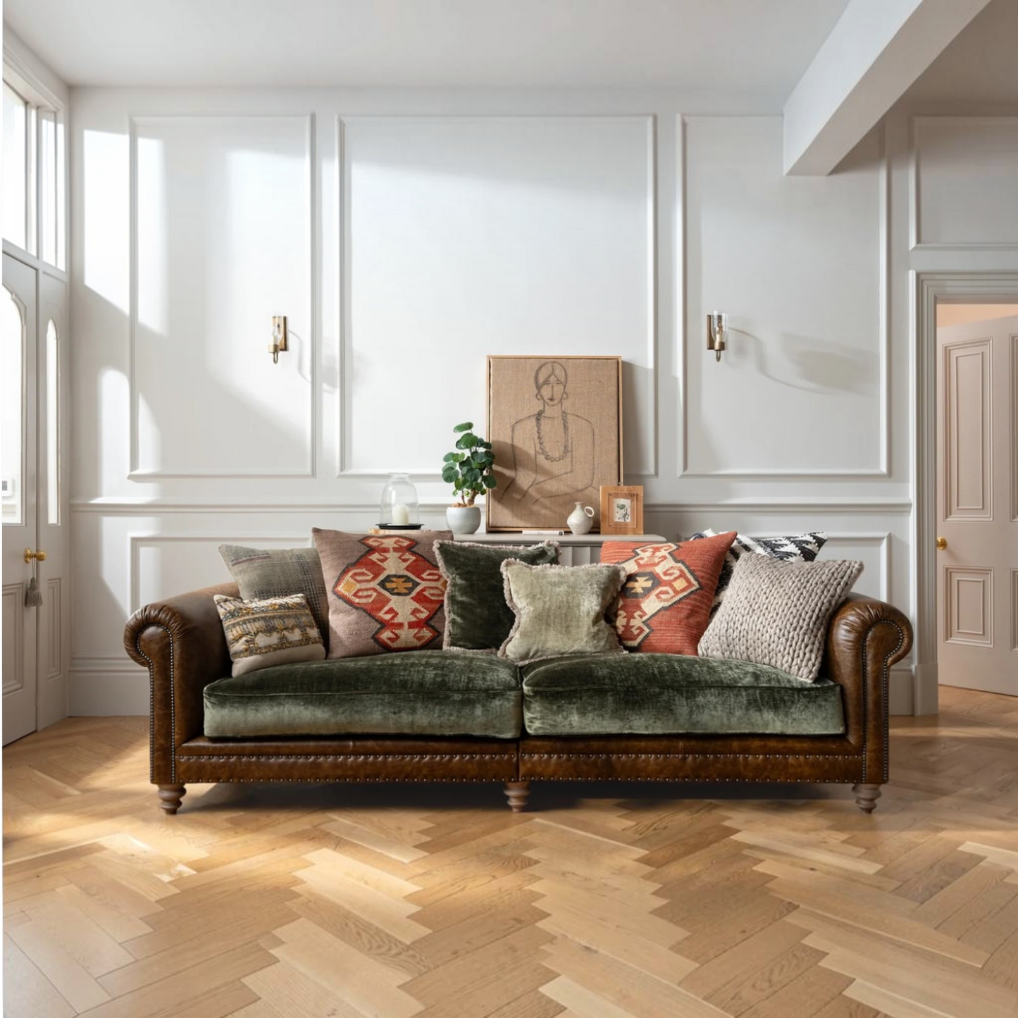 Tetrad Constable Grand Sofa in Galveston Bark leather and Coco Velvet Olive
