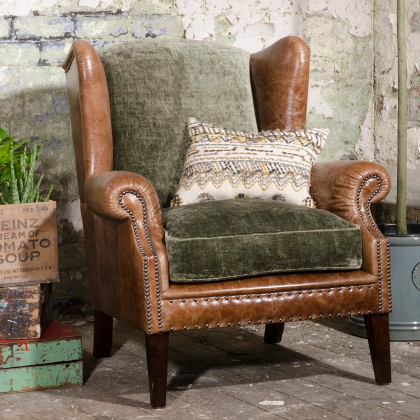 Tetrad Constable Wing Chair in Galveston Bark leather and Coco Velvet Olive